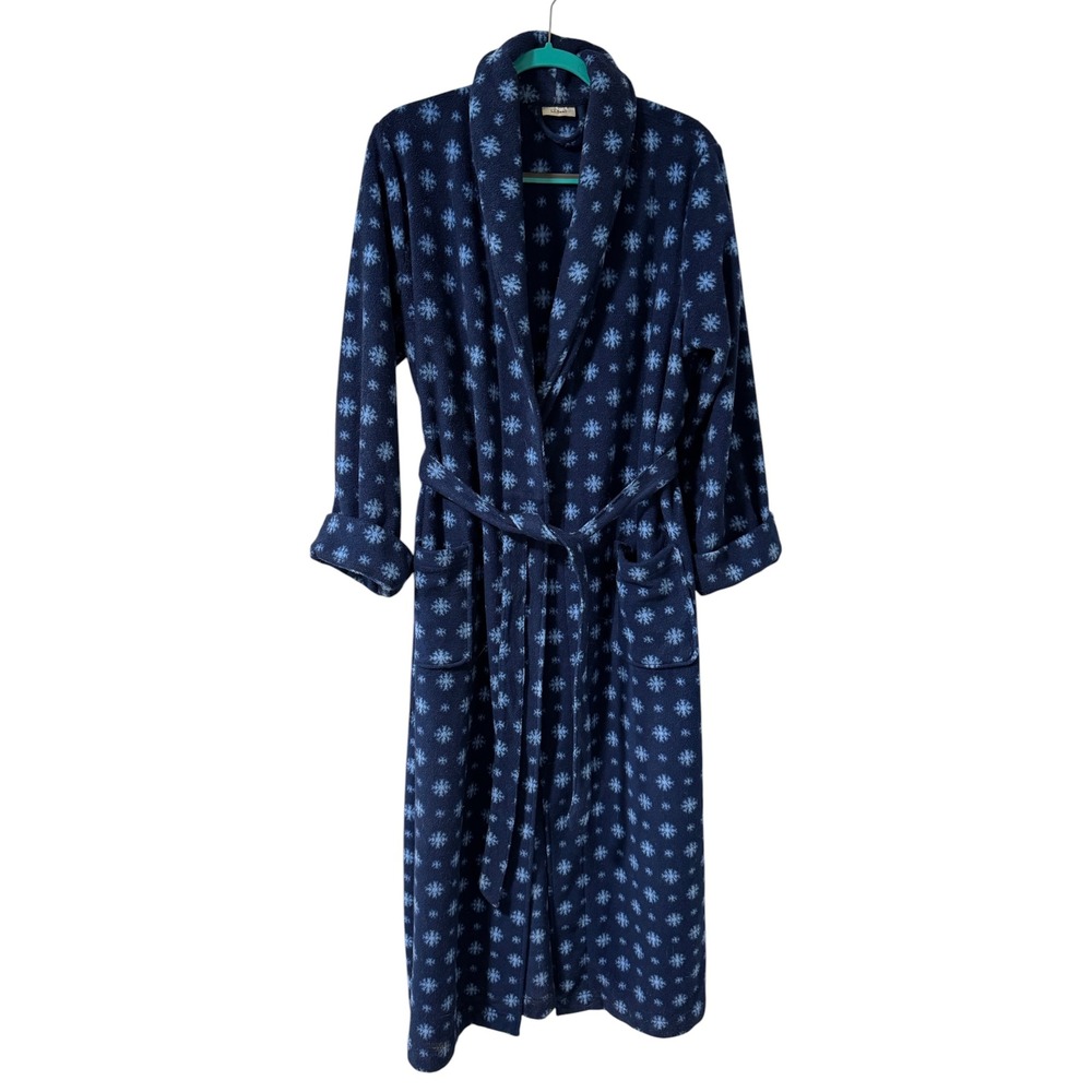LL Bean Navy Blue Snowflake Fleece Robe Shawl Collar Long Tie Waist